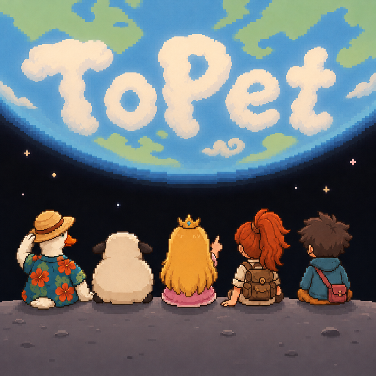 五位 ToPet 角色坐在月面，一起仰望写着 ToPet 的地球
